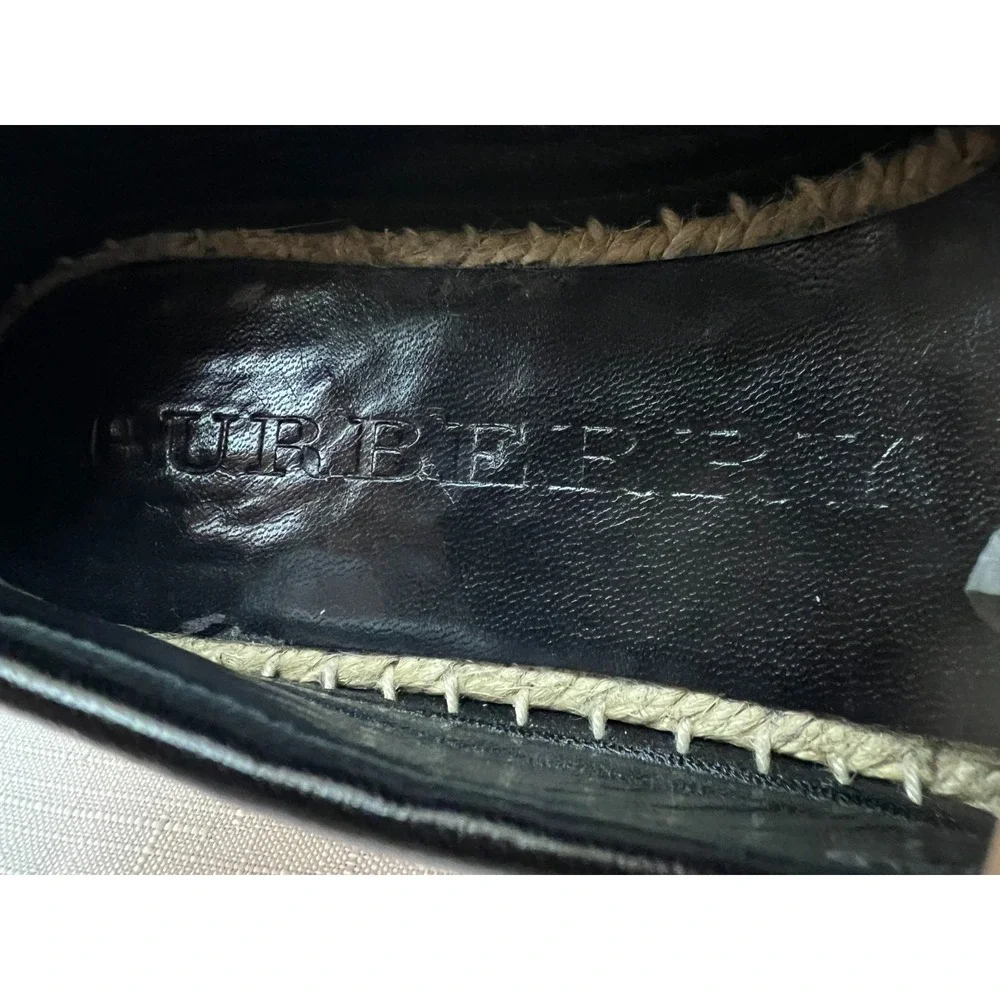 New‎ Burberry Espradrille Flat Shoe Black Tan Stripe Slip-on Rubber Sole SZ 38.5